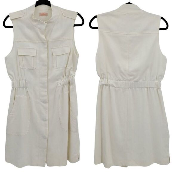 Vintage 90's Nell Six Safari Sleeveless Hidden Button Shirt Dress White Sz M - Picture 1 of 10